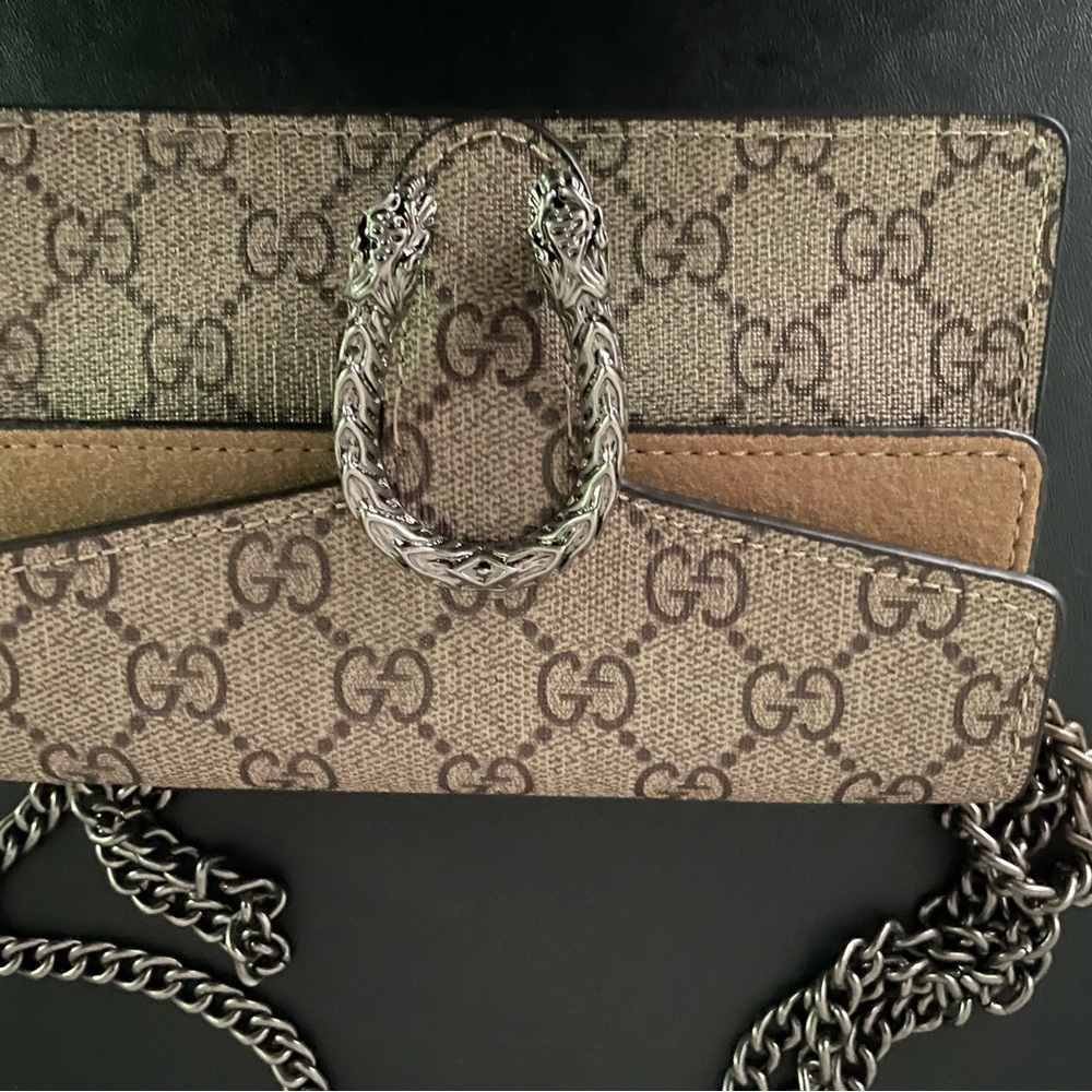 Gucci Tan and Brown Monogram Bag with Silver Chain